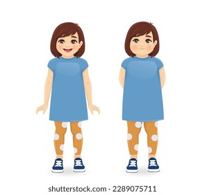 Cute little girl in different weight. Fat and thin female kid isolated on white background vector illustration