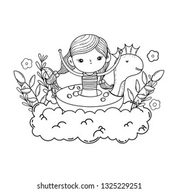 cute little girl in dinosaur float in clouds