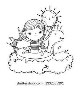 cute little girl in dinosaur float in clouds