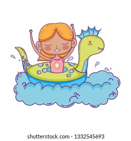 cute little girl in dinosaur float in water