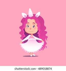 Cute little girl disguised as unicorn Flat Isolated Vector Image In Cartoon Style. Halloween Costume rainbow