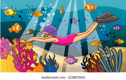 Cute little girl diver cartoon vector illustration