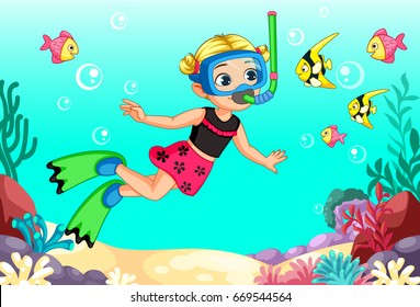 Cute little girl diver cartoon illustration