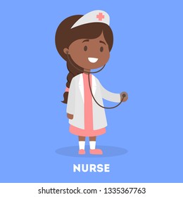 Cute little girl in a doctor uniform. Kid play as a nurse. Medical worker with stethoscope. Isolated flat vector illustration