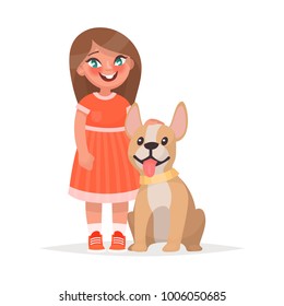 A cute little girl and a dog on a white background. Vector illustration of a cartoon style