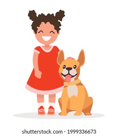 A cute little girl and a dog on a white background. Vector illustration of a cartoon style