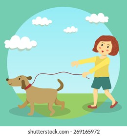 A cute little girl doing dog walking in sunny day in garden.