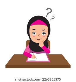 cute little girl doing exam and thinking