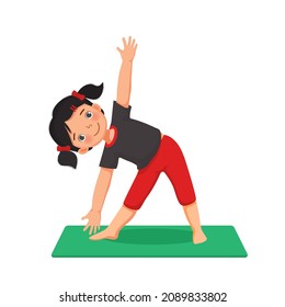 Cute little girl doing gymnastic fitness exercises practicing yoga pose on a green mat indoor at home