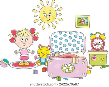 Cute little girl doing morning exercises on a mat near her pretty small bed among funny toys in a nursery room, vector cartoon illustration isolated on a white background