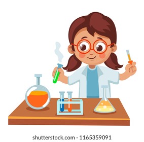 Cute Little Girl Doing Science Experiment. Science For Children Cartoon Vector Illustration