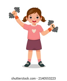 cute little girl doing sport training exercising with dumbbells