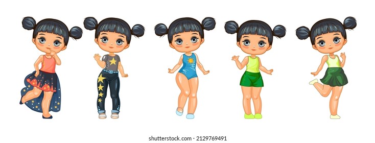 Pequeña muñeca de niña con pelo negro. Divertido estilo de caricatura. Conjunto de personajes con diferentes ropas y poses. Objeto aislado en fondo blanco. Vector.