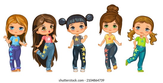 Cute little girl doll. Fun cartoon style. Set of characters in different clothes and poses. Object isolated on white background. Vector.