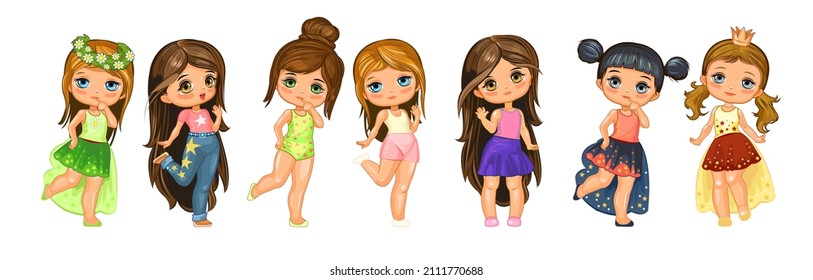 Hermosa muñeca de niña. Divertido estilo de caricatura. Conjunto de personajes con diferentes ropas y poses. Objeto aislado en fondo blanco. Vector.