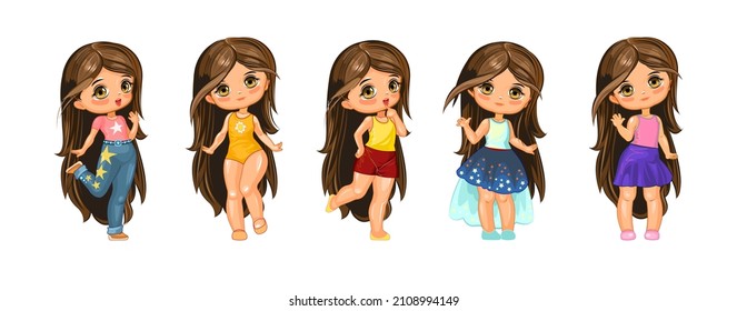 Pequeña muñeca de niña con el pelo largo. Divertido estilo de caricatura. Conjunto de personajes con diferentes ropas y poses. Objeto aislado en fondo blanco. Vector.