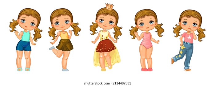 Pequeña muñeca de niña con chicharrones. Divertido estilo de caricatura. Conjunto de personajes con diferentes ropas y poses. Objeto aislado en fondo blanco. Vector.