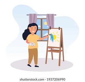 Cute little girl drawing colorful painting. Smiling child painting sun with brush and palette. Concept of children spending creative time and developing imagination. Flat cartoon vector illustration