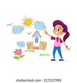 Cute little girl drawing a house, flowers, the sun, and the sky on a wall. A child is drawing with colorful crayons or markers with joy. Vector illustration, isolated on white background.