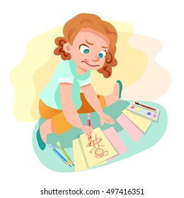 Cute little girl drawing an image on paper sitting on the floor. Kids hobby cartoon illustration.