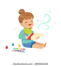 Cute little girl drawing with paints in her notebook, kids imagination and fantasy, colorful character vector Illustration
