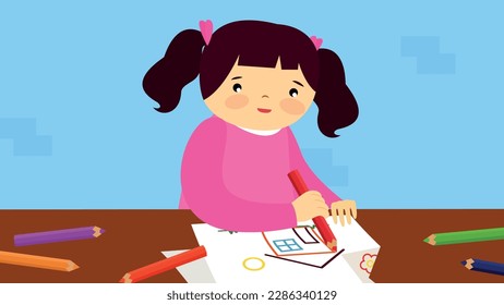 Cute little girl drawing with pencils. Vector illustration in flat style
