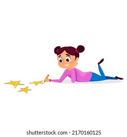Cute little girl drawing stars on the ground. A child is drawing with colorful crayons or markers with joy. Vector illustration, isolated on white background.