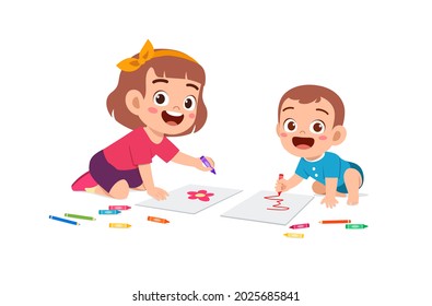 cute little girl drawing together with baby sibling