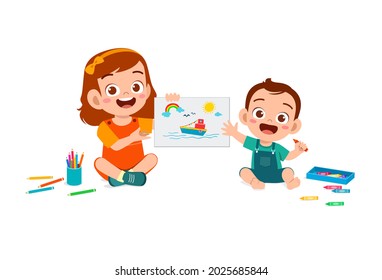 cute little girl drawing together with baby sibling