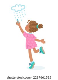 Cute little girl draws rain. In cartoon style. Isolated on white background. Vector flat illustration