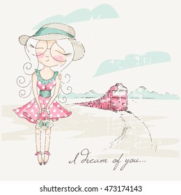Cute little girl dreaming with closed eyes near running train. Romantic vector illustration. Pastel color palette