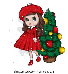 Cute little girl in a dress and beret with a Christmas tree. New Year's and Christmas.