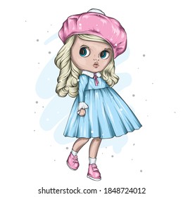 Cute little girl in a dress and beret. New Year's and Christmas.