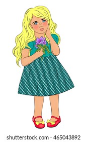 A cute little girl in a dress with flowers. White background.