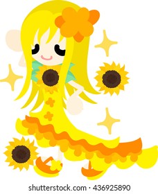 A cute little girl and a dress of sunflower