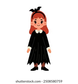 Linda niña vestida con un disfraz de carnaval de una bruja. Niño en traje festivo para Halloween. Ilustración vectorial gráfica plana aislada sobre fondo blanco.