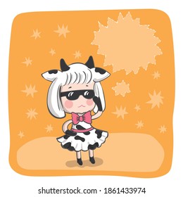Cute little girl dressed as a cow. Cool sunglasses. Kawaii cartoon.
