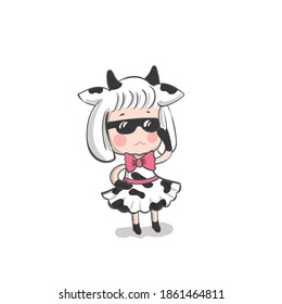Cute little girl dressed as a cow. Cool sunglasses. Kawaii cartoon.