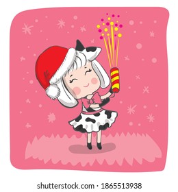 Cute little girl dressed as a cow blowing confetti at holiday party. Kawaii cartoon.