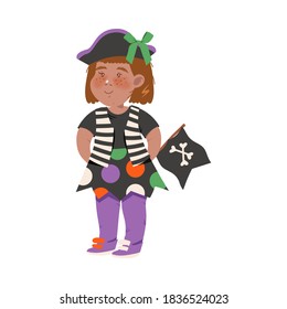 Cute Little Girl Dressed as Pirate, Happy Halloween Party Festival with Kid Trick or Treating Cartoon Vector Illustration