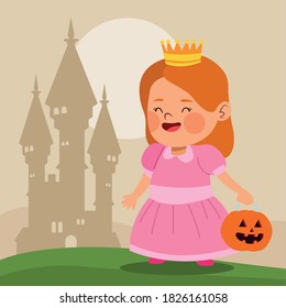 cute little girl dressed as a princess character and castle vector illustration design