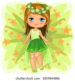 A cute little girl dressed as a princess. Cheerful funny child in a good mood. The isolated object on a white background. Young baby. Cartoon flat style. Vector