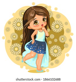 A cute little girl dressed as a princess. Cheerful funny child in a good mood. The isolated object on a white background. Young baby. Cartoon flat style. Vector