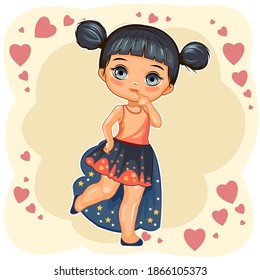 A cute little girl dressed as a princess. Cheerful funny child in a good mood. The isolated object on a white background. Young baby. Cartoon flat style. Vector