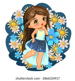 A cute little girl dressed as a princess. Cheerful funny child in a good mood. The isolated object on a white background. Young baby. Cartoon flat style. Vector