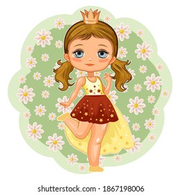 A cute little girl dressed as a princess. Cheerful funny child in a good mood. The isolated object on a white background. Young baby. Cartoon flat style. Vector