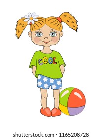 Cute little girl dressed in a t-shirt with "cool" print. A big colorful ball. Vector cartoon illustration, isolated.