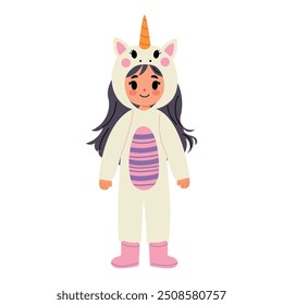 Cute little girl dressed up in a unicorn carnival costume for a holiday party. Costume for Halloween. Flat vector illustration isolated on white background