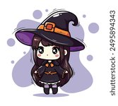 Cute little girl dressed as a witch. Halloween vector illustration.