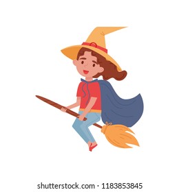 Cute little girl dressed as a witch flying on a broom vector Illustration on a white background